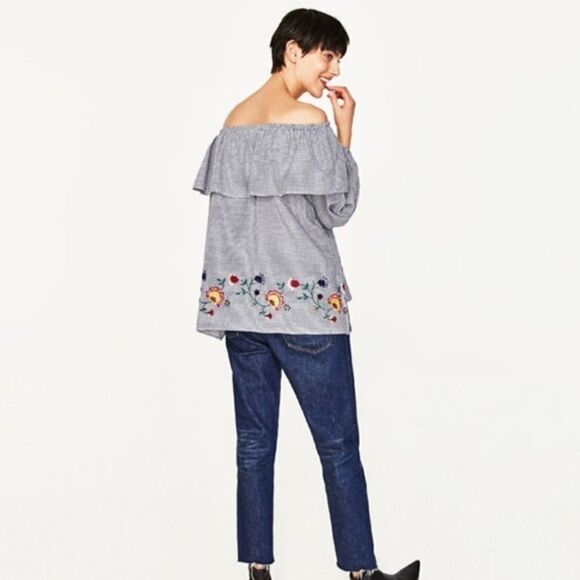 Zara EMBROIDERED GINGHAM  COTTON BLOUSE C15 - Picture 5 of 10